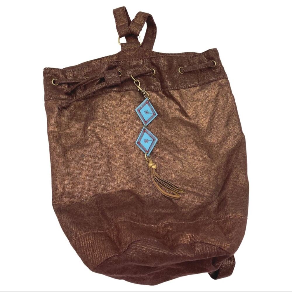 TARGET fabric canvas backpack brown shimmery rose gold accents turquoise tassel